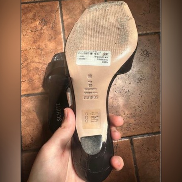 SCHUTZ Women's Posseni High Heel Slide Sandals in Black Croc Embossed - Picture 6 of 8